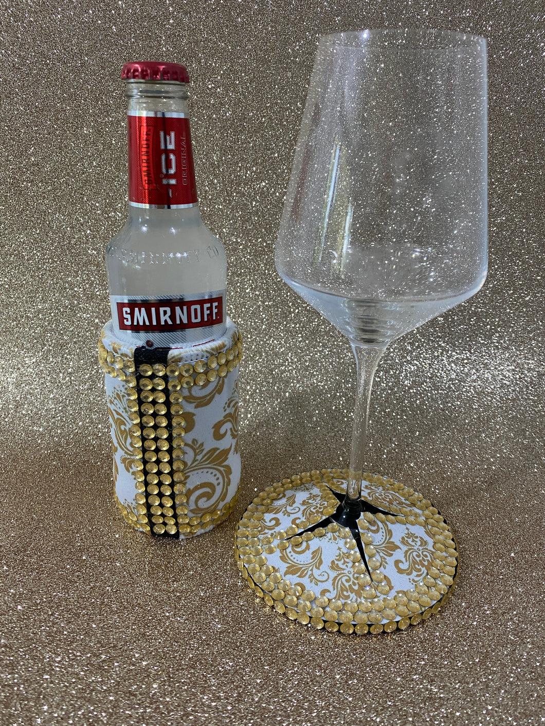 Wine & Stubbie Holder pack Aquaflex Fabric Gold & White Damask