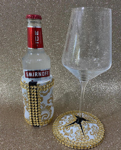 Wine & Stubbie Holder pack Aquaflex Fabric Gold & White Damask