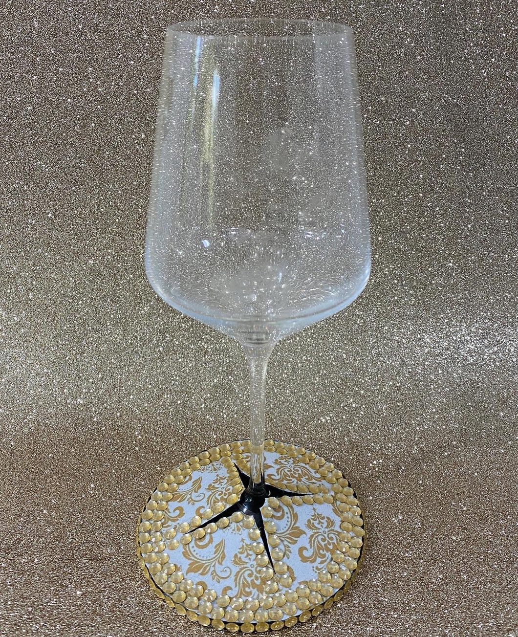 Wine Bling Wetsuit Gold & White Damask Coaster